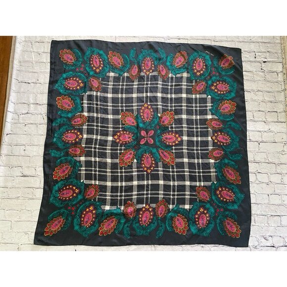 Vintage 1970s Square Diane von Furstenberg Silk Scarf Vibrant Black Multi 42" - Picture 13 of 16